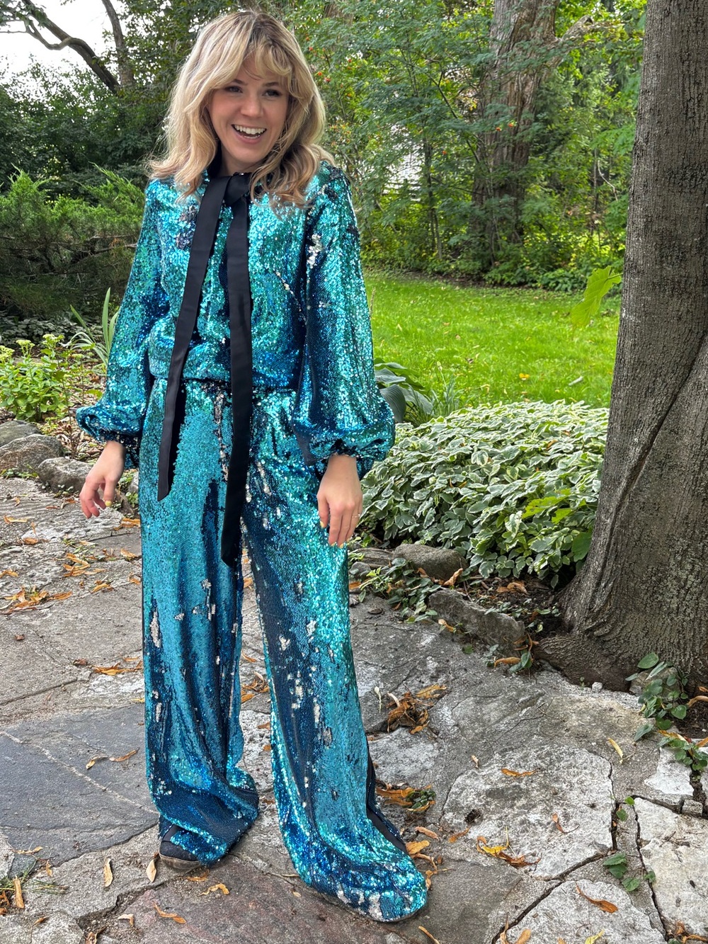 Greta Constantine "Giovanni" Blue and Silver Sequin Jumpsuit